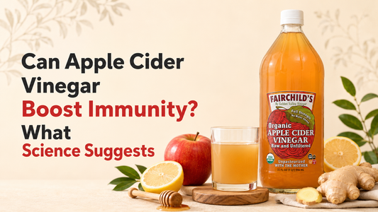 Fairchild’s Organic Apple Cider Vinegar with apple, lemon, ginger, honey, and the article title about immunity.