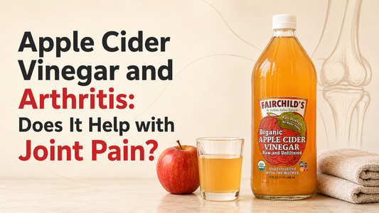 Fairchild’s Organic Apple Cider Vinegar with an apple, diluted ACV drink, and an illustration of a knee joint.