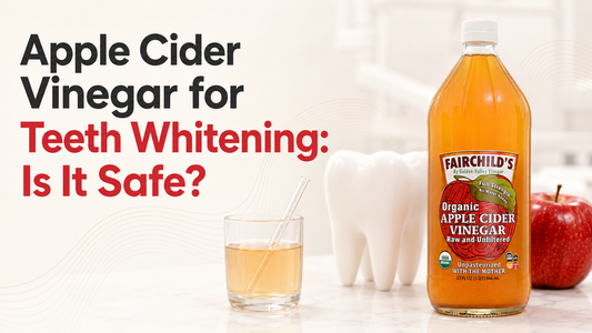 Fairchild’s Organic Apple Cider Vinegar beside a diluted drink, apple, and tooth model with the article’s safety-focused title.