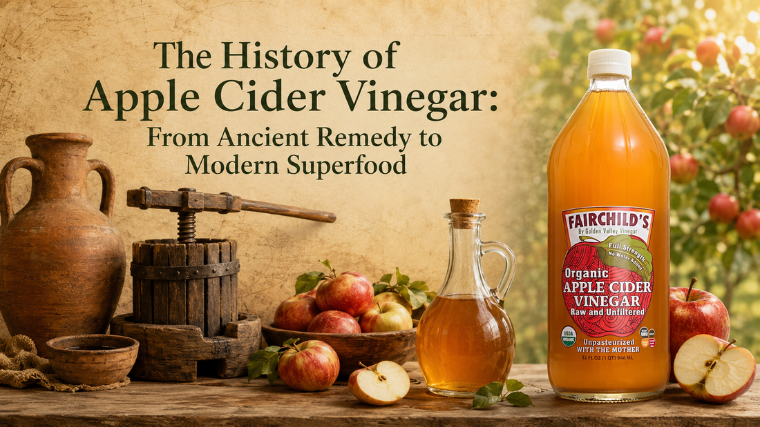Fairchild’s Organic Apple Cider Vinegar beside apples, an antique press and ancient pottery illustrating the history of apple cider vinegar.