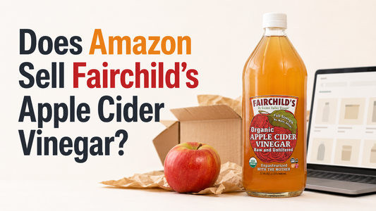 Fairchild’s Organic Apple Cider Vinegar beside a shipping box, apple, and online marketplace screen.