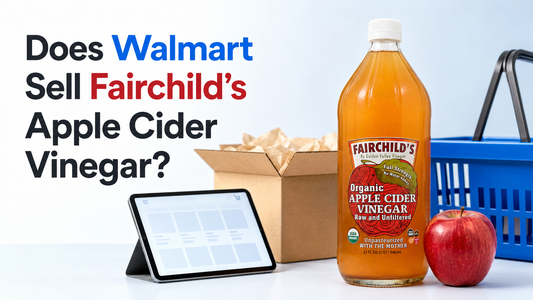 Fairchild’s Organic Apple Cider Vinegar beside a shopping basket, delivery box, tablet, and red apple.