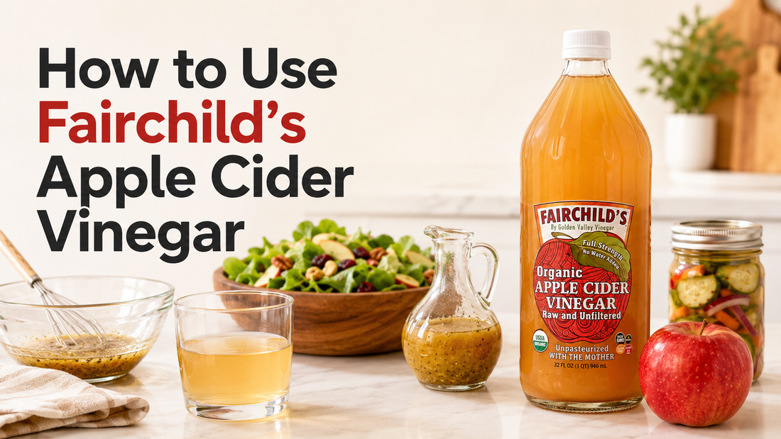 Fairchild’s Organic Apple Cider Vinegar with a diluted drink, salad, dressing, marinade, pickled vegetables, and apple.