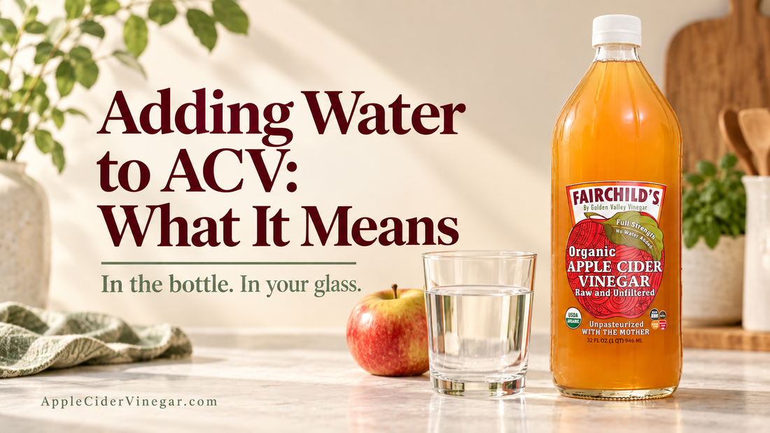 Adding Water to ACV: What It Means. Fairchild’s bottle with an apple and a glass of water in an illustrative kitchen scene.