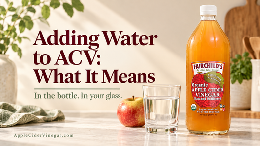 Adding Water to ACV: What It Means. Fairchild’s bottle with an apple and a glass of water in an illustrative kitchen scene.