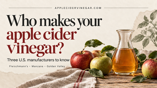 Who makes your apple cider vinegar? Three U.S. manufacturers to know: Fleischmann’s, Manzana and Golden Valley. Landscape cover featuring apples and a glass carafe of amber vinegar.