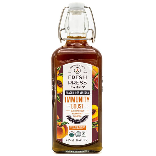 Fresh Press Farms Organic Immunity Boost Peach Cider Vinegar with the Mother, 16.4 Fl Oz, Georgia Grown, Raw, Unfiltered, Certified Whole30, Non-GMO