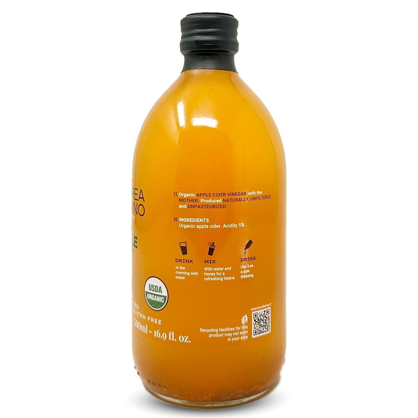Andrea Milano Organic Apple Cider Vinegar, 2 Bottles – Raw Italian Natural Vinegar with the Mother, Unfiltered, Unpasteurized, Non-GMO, Vegan, Bulk, Glass Bottle