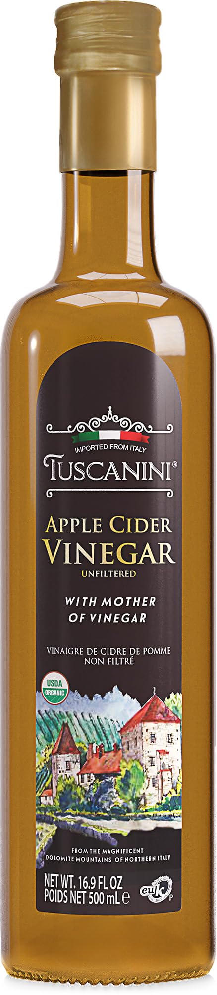 Tuscanini Italian Organic Unfiltered Apple Cider Vinegar with the Mother, 16.9oz, Premium Quality, Certified Kosher
