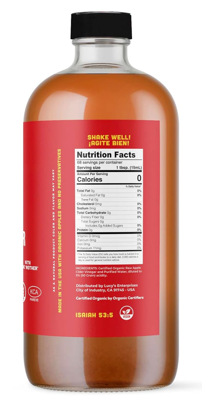 Lucy's Family Owned - 34oz. GLASS BOTTLE (2-Pack) Organic, With the Mother, Apple Cider Vinegar, Unfiltered, Unpasteurized, Raw, and NonGMO