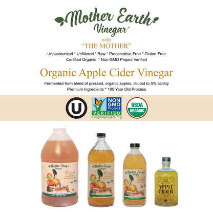 Mother Earth Organic Apple Cider Vinegar with the Mother – Raw & Unfiltered, 64 fl oz