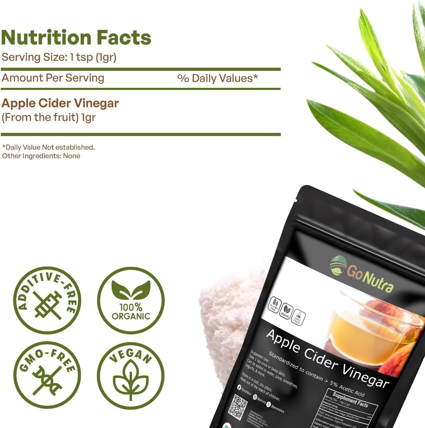 Go Nutra Apple Cider Vinegar Powder Organic 8oz. Natural ACV 5% Acetic Acid Apple Cider Powder for Cooking, Skincare & More
