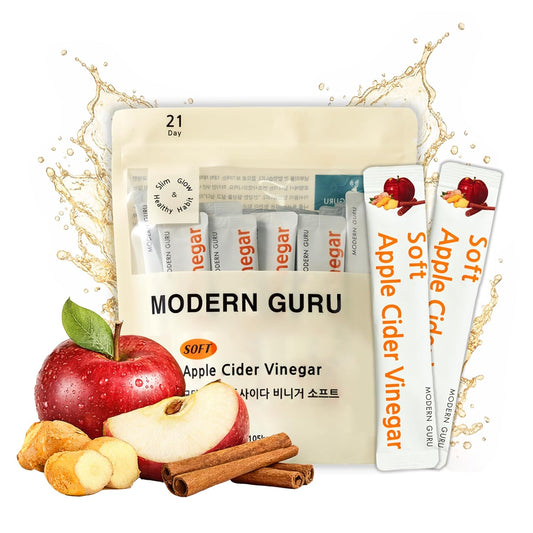 MODERN GURU Apple Cider Vinegar Packets with the Mother – ACV Drink Sticks | 93% ACV with Ginger & Cinnamon | Sugar-Free, Supports Digestion & Detox, Low-Calorie | Travel Size On-the-Go Packets (21 Count)