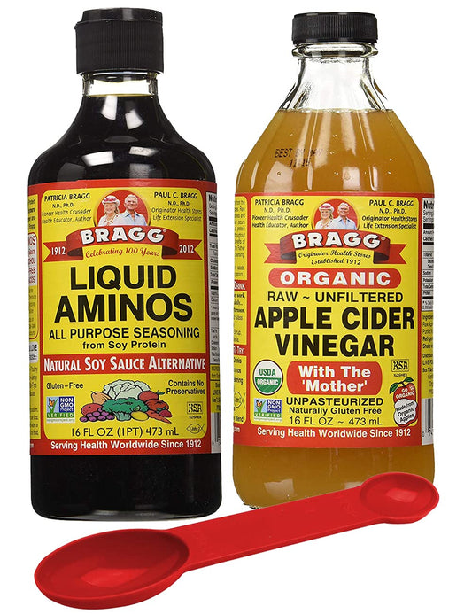 Bragg Variety Pack: Bragg Organic Liquid Aminos 16 oz + Bragg Apple Cider Vinegar Organic Raw Unfiltered, 16 Oz; with Bonus Measuring Spoon
