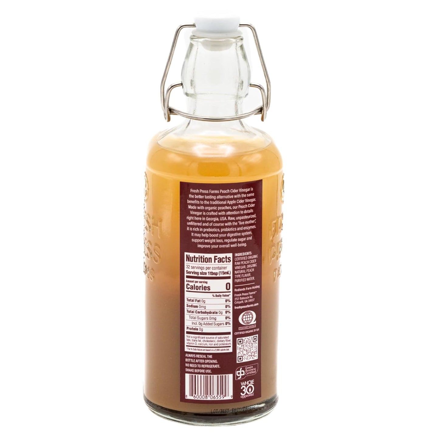 Fresh Press Farms Organic Peach Cider Vinegar with the Mother, 16.4 Fl Oz (Pack of 2), Georgia Grown, Raw, Unfiltered, Certified Whole30, Non-GMO