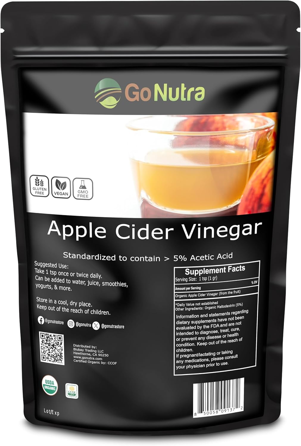 Go Nutra Apple Cider Vinegar Powder Organic 8oz. Natural ACV 5% Acetic Acid Apple Cider Powder for Cooking, Skincare & More