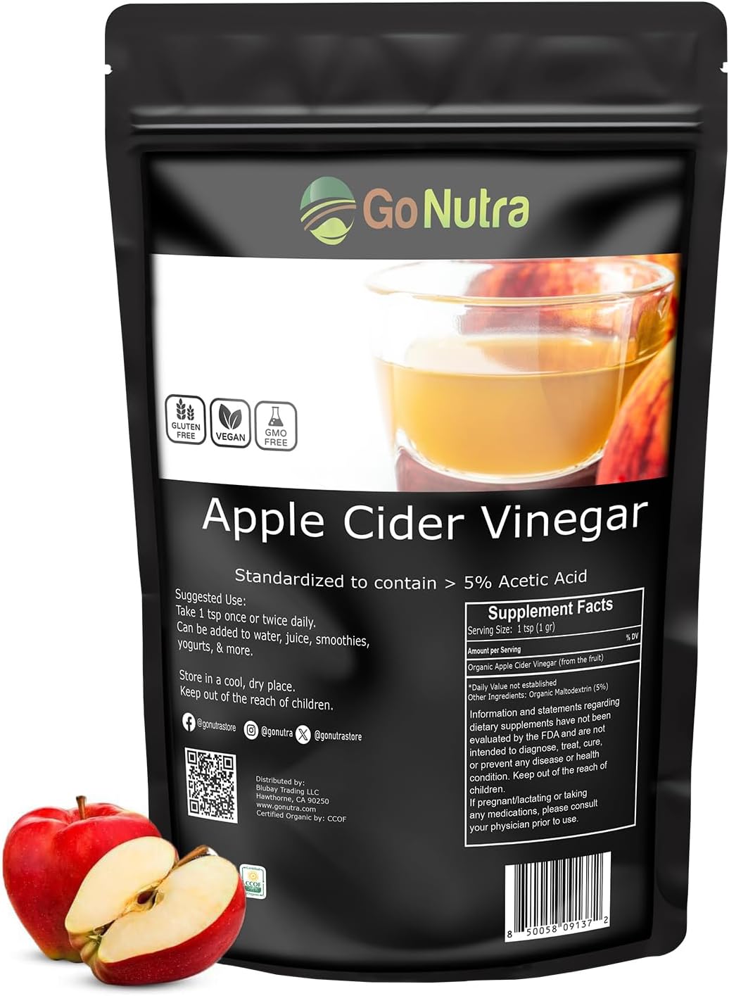 Go Nutra Apple Cider Vinegar Powder Organic 8oz. Natural ACV 5% Acetic Acid Apple Cider Powder for Cooking, Skincare & More