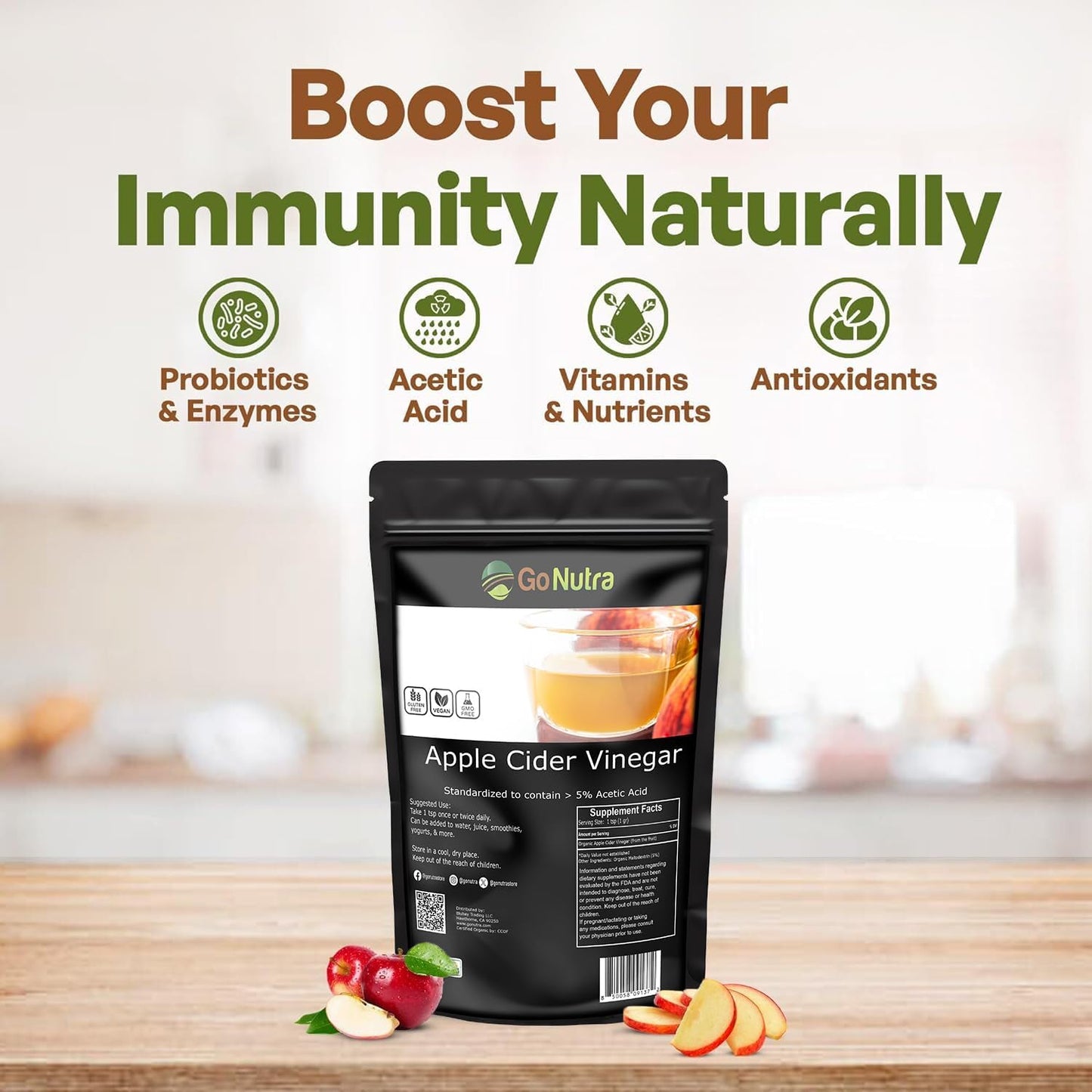 Go Nutra Apple Cider Vinegar Powder Organic 8oz. Natural ACV 5% Acetic Acid Apple Cider Powder for Cooking, Skincare & More