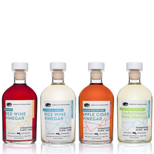 American Vinegar Works - Essentials Kitchen Vinegars - Includes Apple Cider, Red Wine, Rice Wine, and Chardonnay Wine Vinegars - Packed in a Custom Box - Great for Gifts - 8.5 oz Bottles - 4 Pack