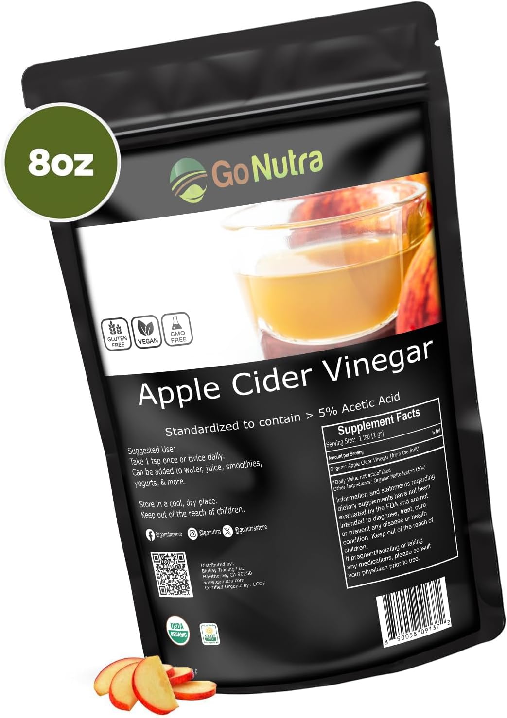 Go Nutra Apple Cider Vinegar Powder Organic 8oz. Natural ACV 5% Acetic Acid Apple Cider Powder for Cooking, Skincare & More