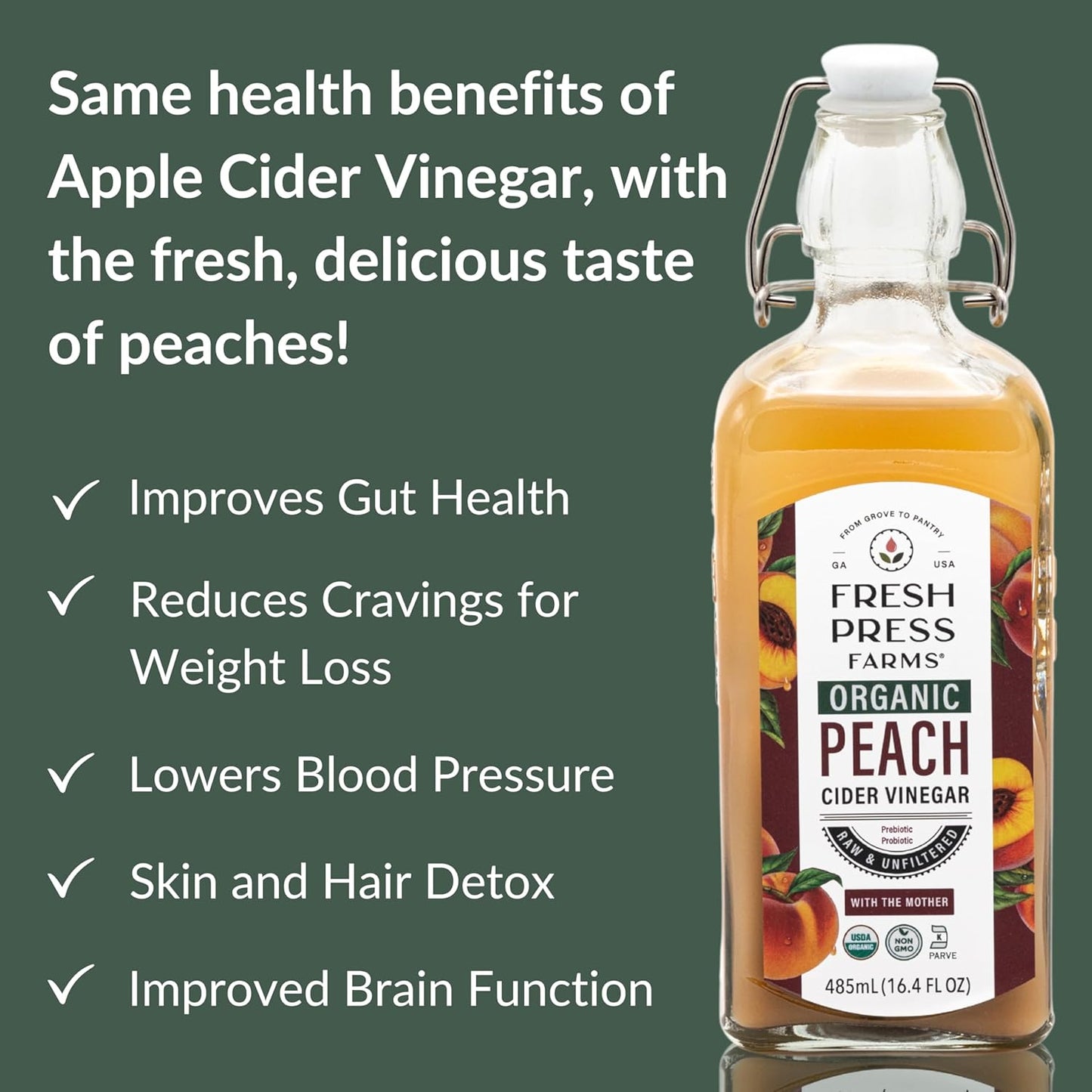 Fresh Press Farms Organic Peach Cider Vinegar with the Mother, 16.4 Fl Oz (Pack of 2), Georgia Grown, Raw, Unfiltered, Certified Whole30, Non-GMO