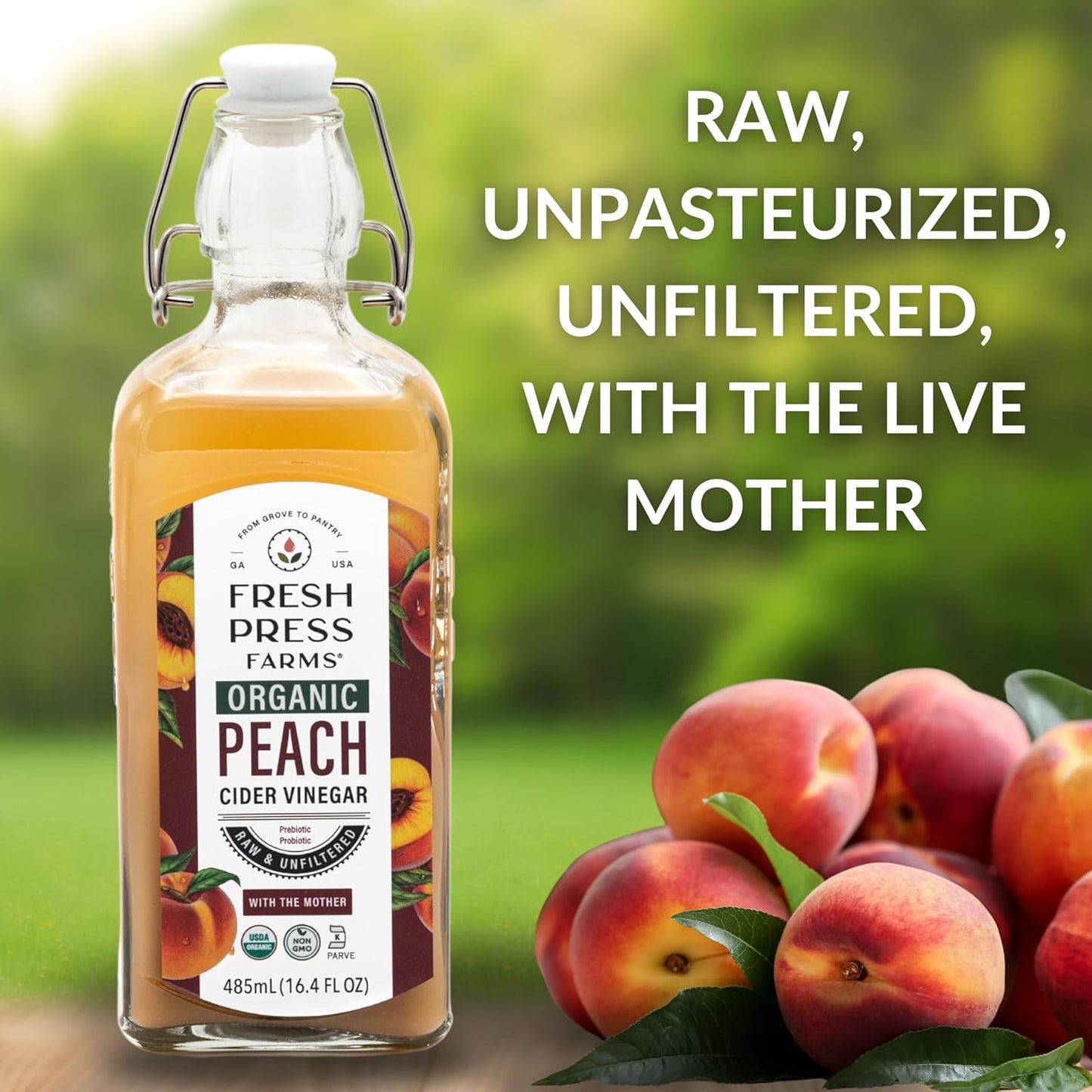 Fresh Press Farms Organic Peach Cider Vinegar with the Mother, 16.4 Fl Oz (Pack of 2), Georgia Grown, Raw, Unfiltered, Certified Whole30, Non-GMO