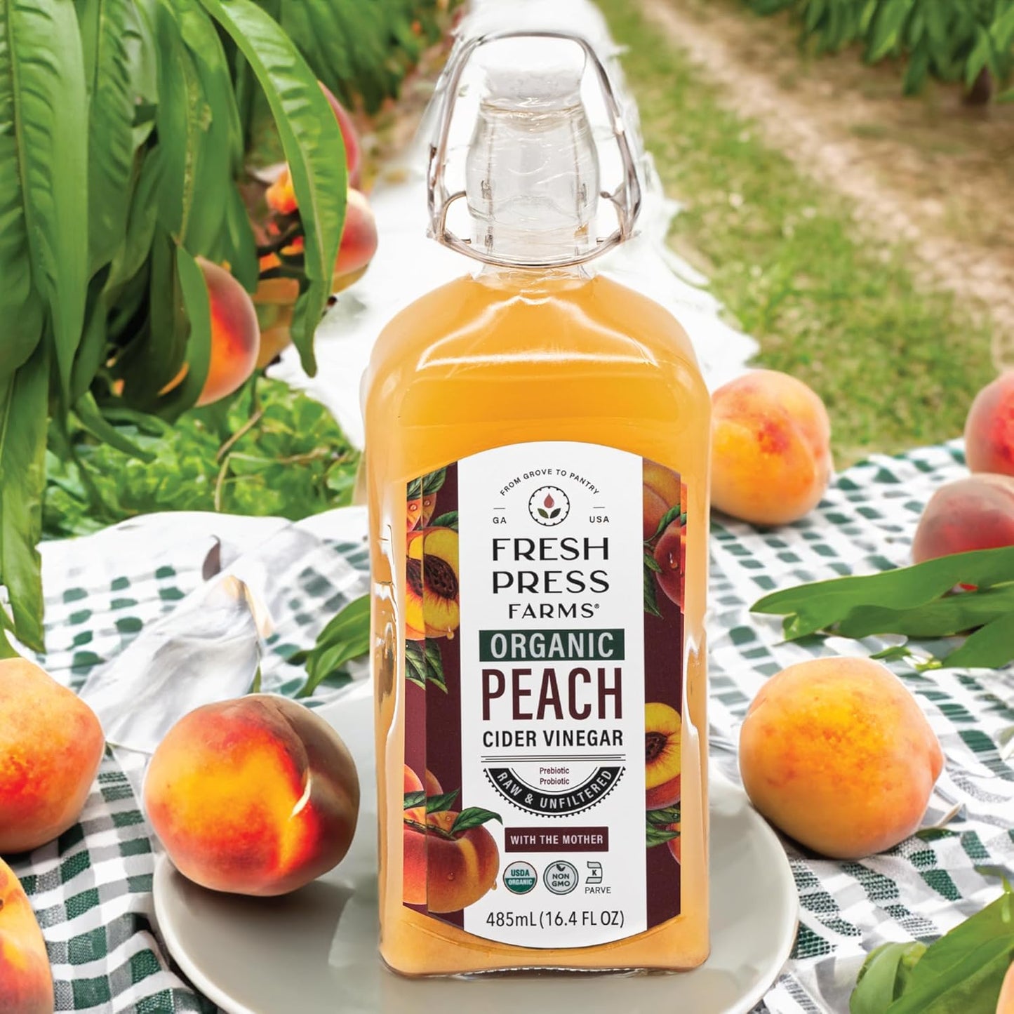 Fresh Press Farms Organic Peach Cider Vinegar with the Mother, 16.4 Fl Oz (Pack of 2), Georgia Grown, Raw, Unfiltered, Certified Whole30, Non-GMO