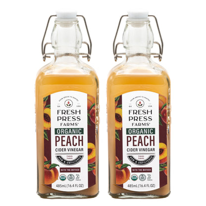 Fresh Press Farms Organic Peach Cider Vinegar with the Mother, 16.4 Fl Oz (Pack of 2), Georgia Grown, Raw, Unfiltered, Certified Whole30, Non-GMO