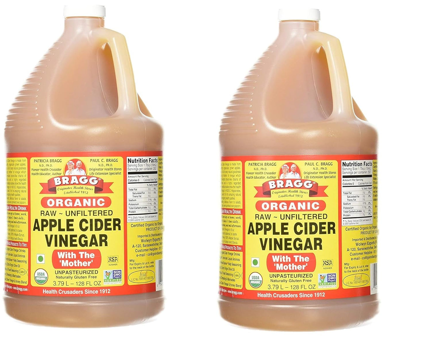 Bragg Organic Apple Cider Vinegar, Raw, Unfiltered, with the Mother, 128 Ounce - Pack 2