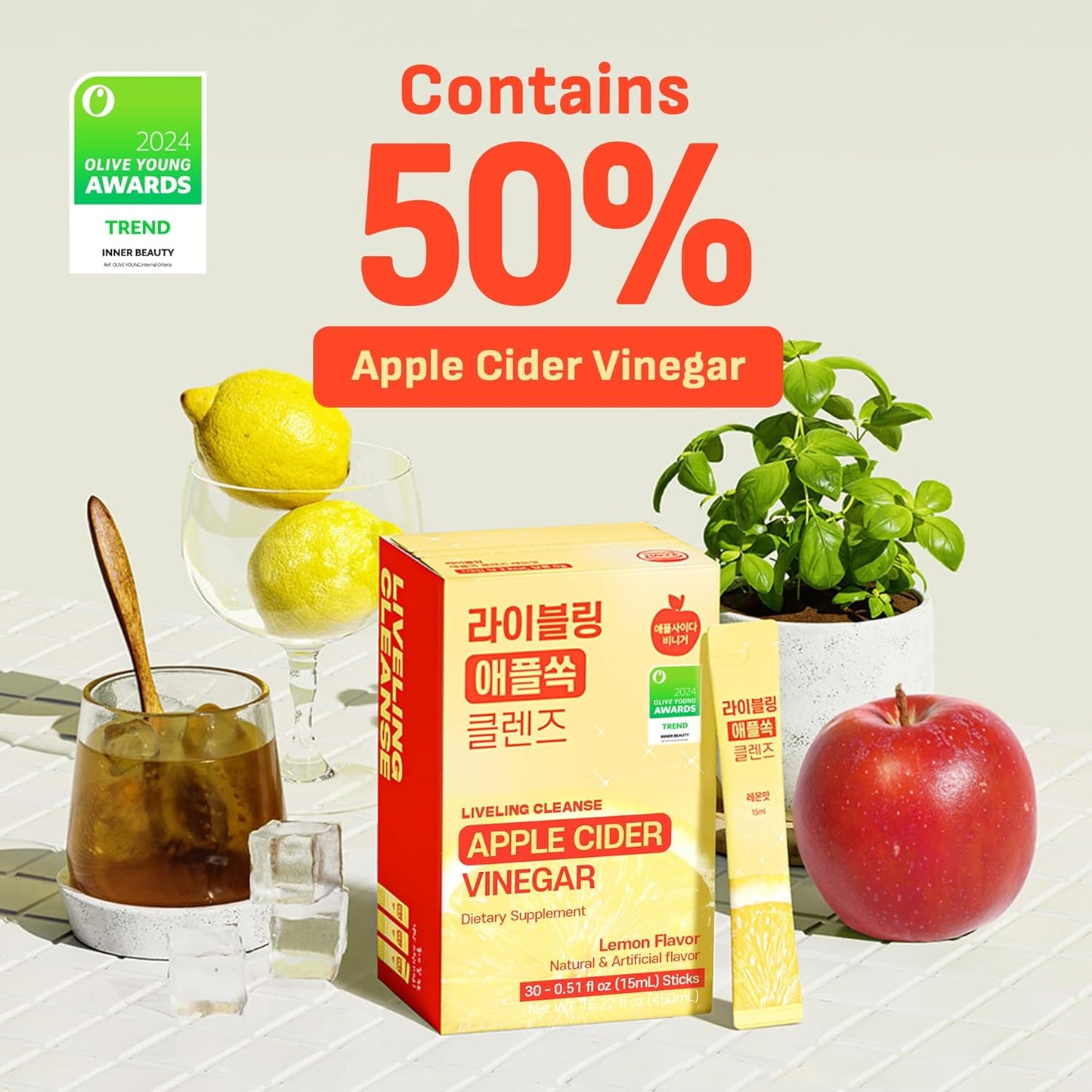 [Liveling] Apple Cider Vinegar Drink Stick – Lemon Flavor | Supports Digestion, Daily Cleanse, Sugar-Free, Low-Calories, Portable On-The-Go Packets (30 sticks)