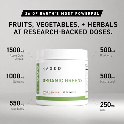 Kaged Organic Greens Superfood Powder, Outlive100 Apple Cinnamon, Supergreens, Apple Cider Vinegar, Ashwagandha, 30 Servings
